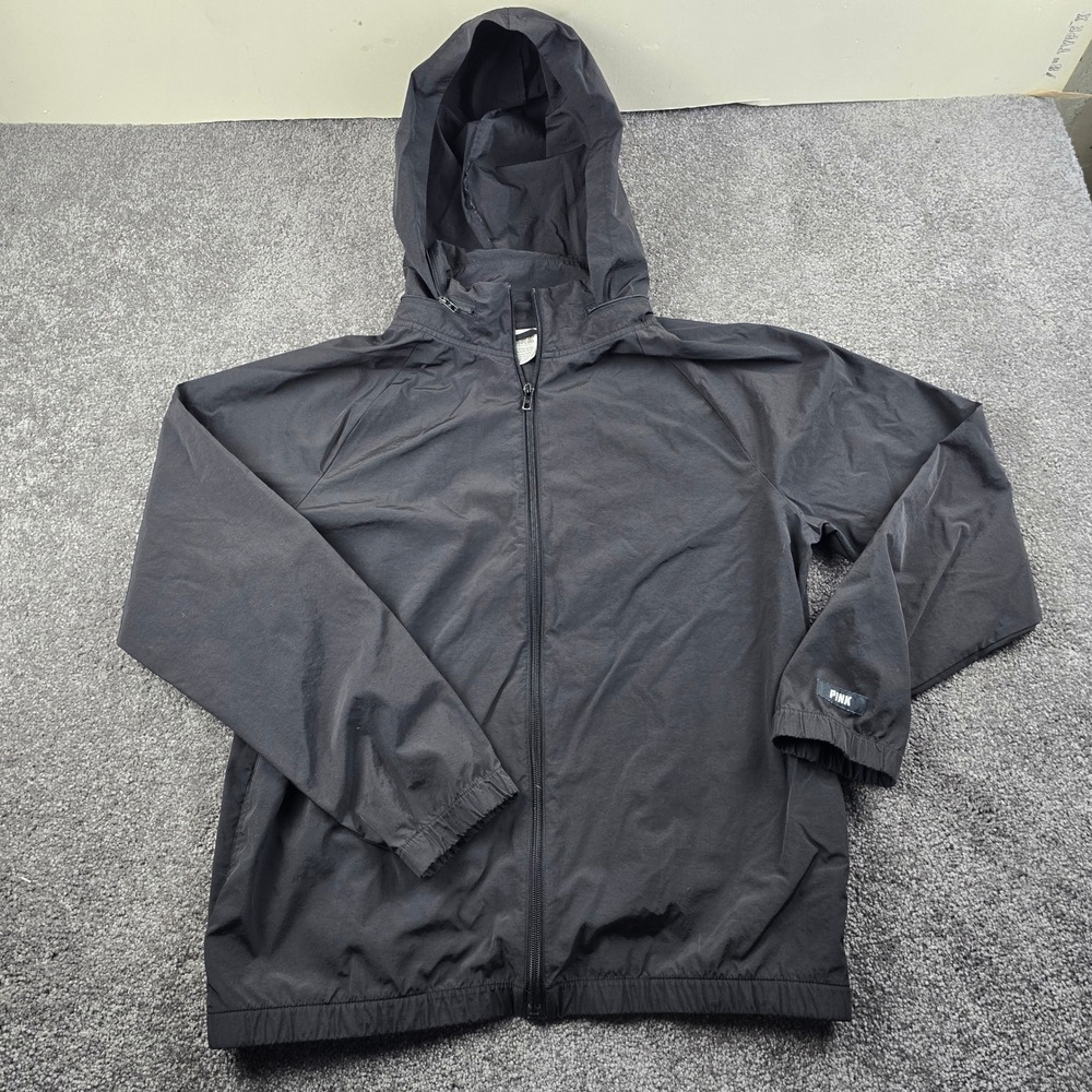 PINK Victoria's Secret Windbreaker Jacket Women L/XL Black Good Hooded Zip